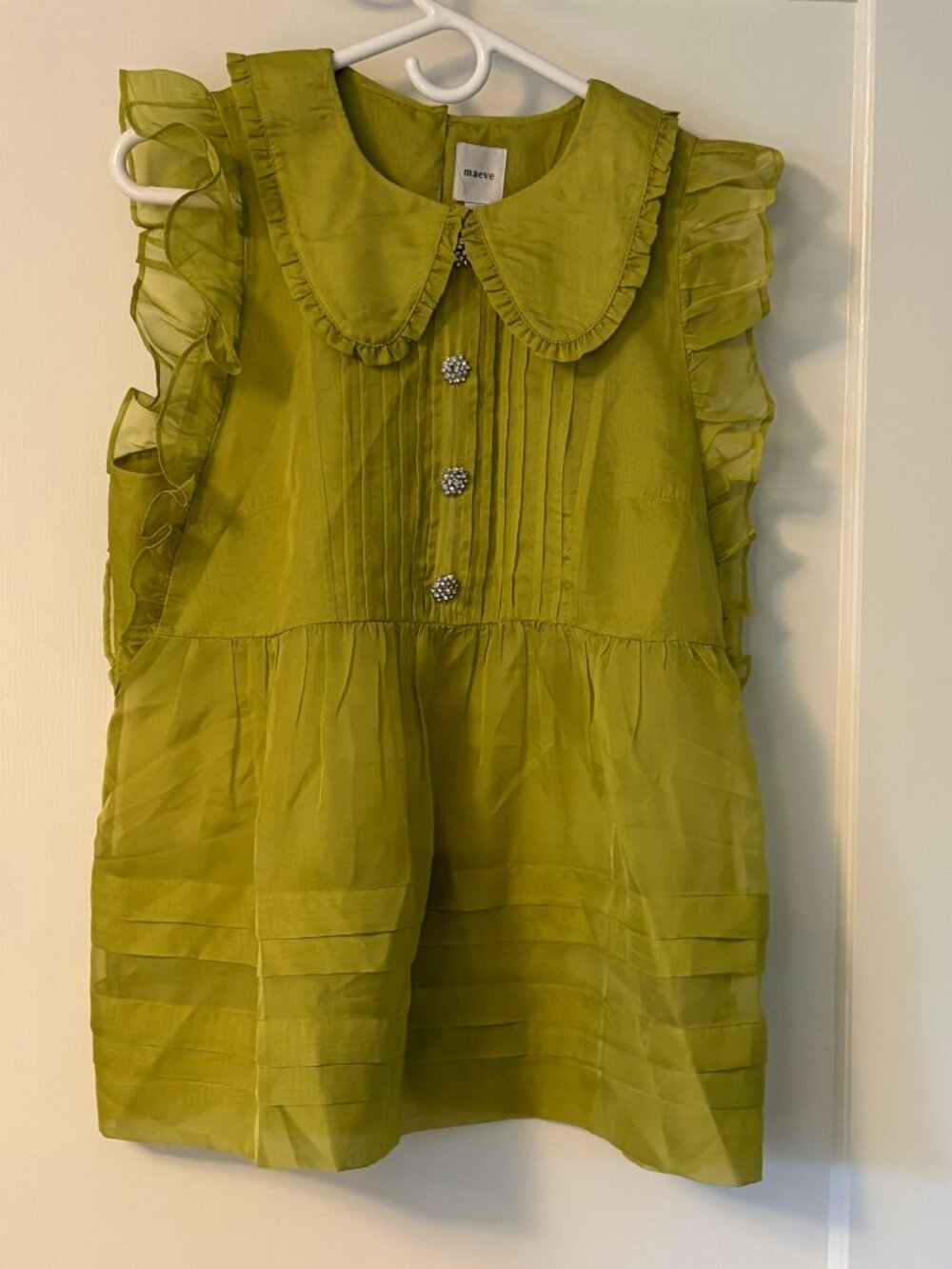Anthropologie Maeve Peter Pan Collar Sheer Pintuck Babydoll Top chartreuse